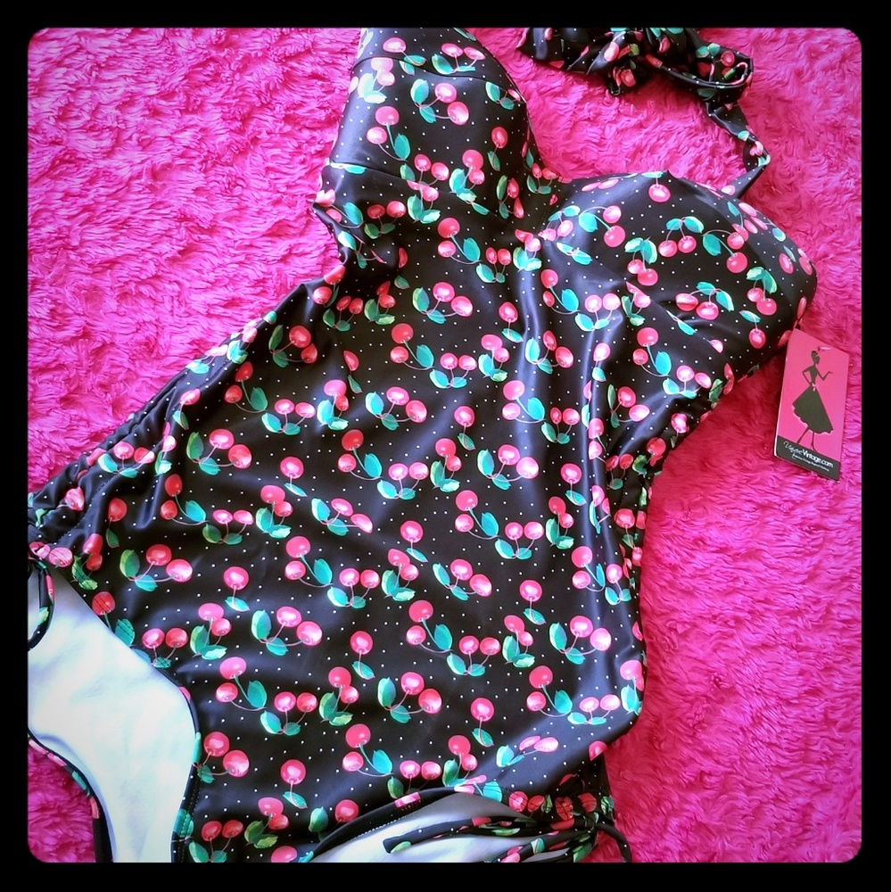 Unique Vintage - retro cherry halter bathing suit